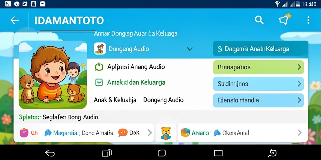Tampilan antarmuka IDAMANTOTO yang ramah anak dengan berbagai pilihan dongeng audio.