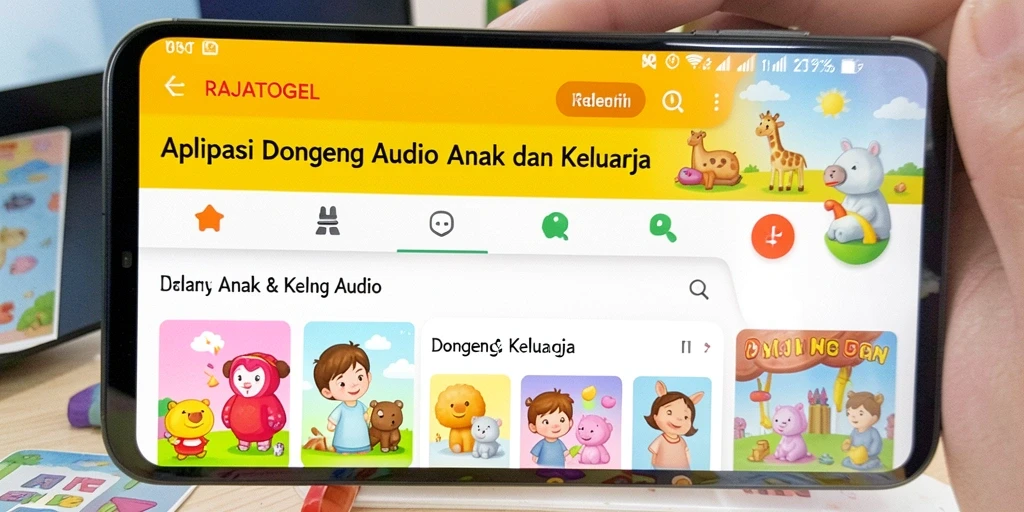 Antarmuka RAJATOGEL yang ramah anak dengan pilihan dongeng audio.