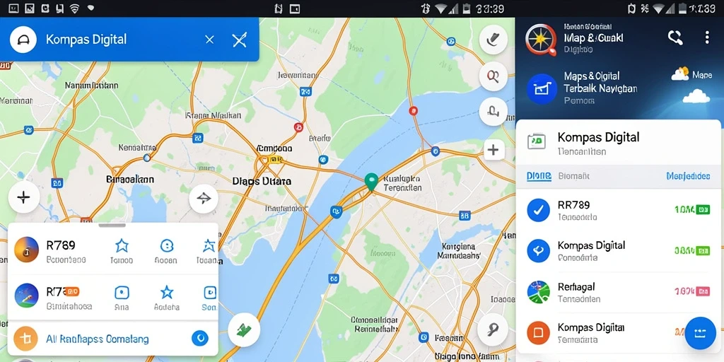 Antarmuka aplikasi RR789 menampilkan navigasi kompas digital yang sederhana.