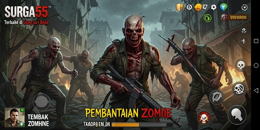 Tampilan utama SURGA55 menampilkan aksi seru melawan zombie.